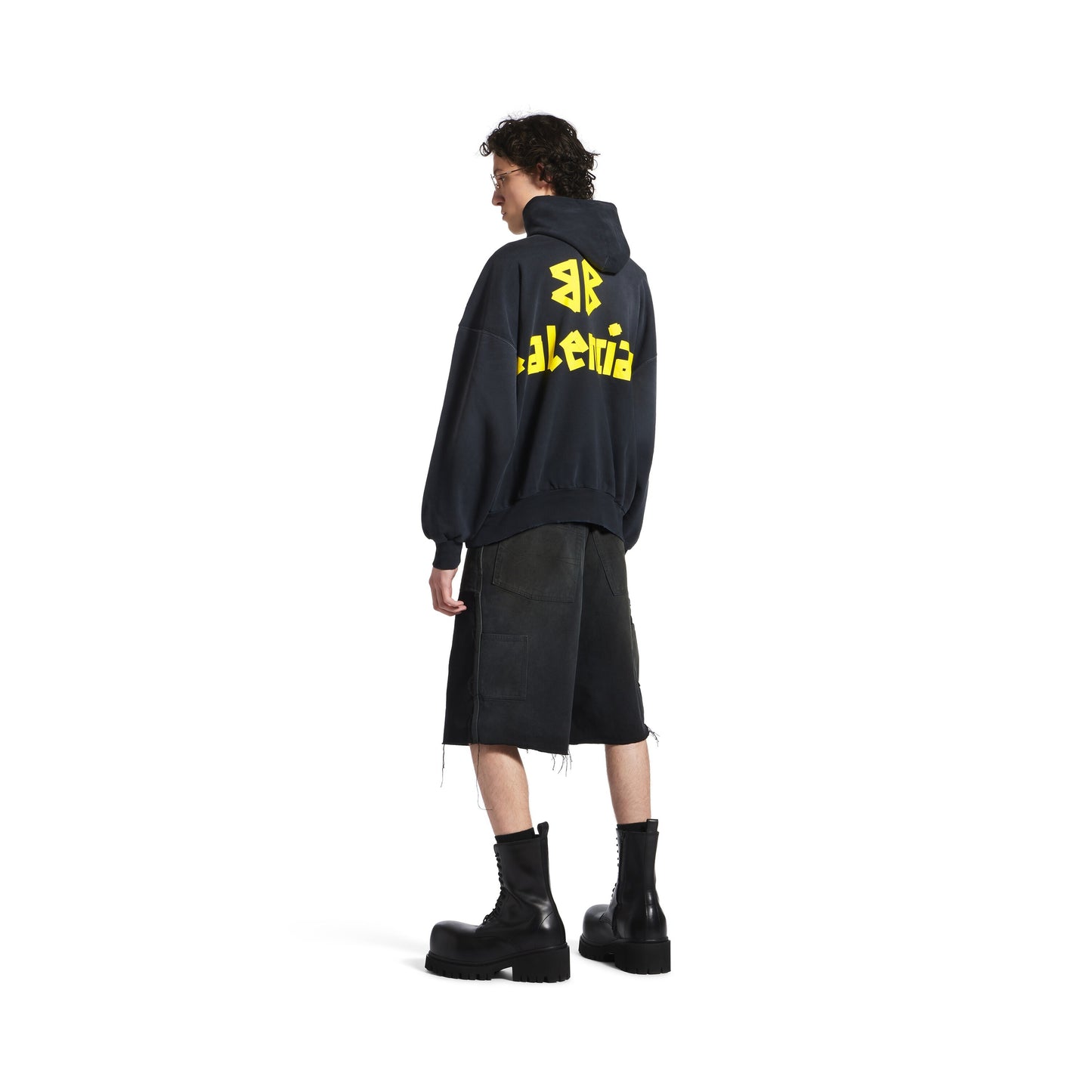 Hoodie Ripped Pocket Tape Type Oversize en Noir Délavé