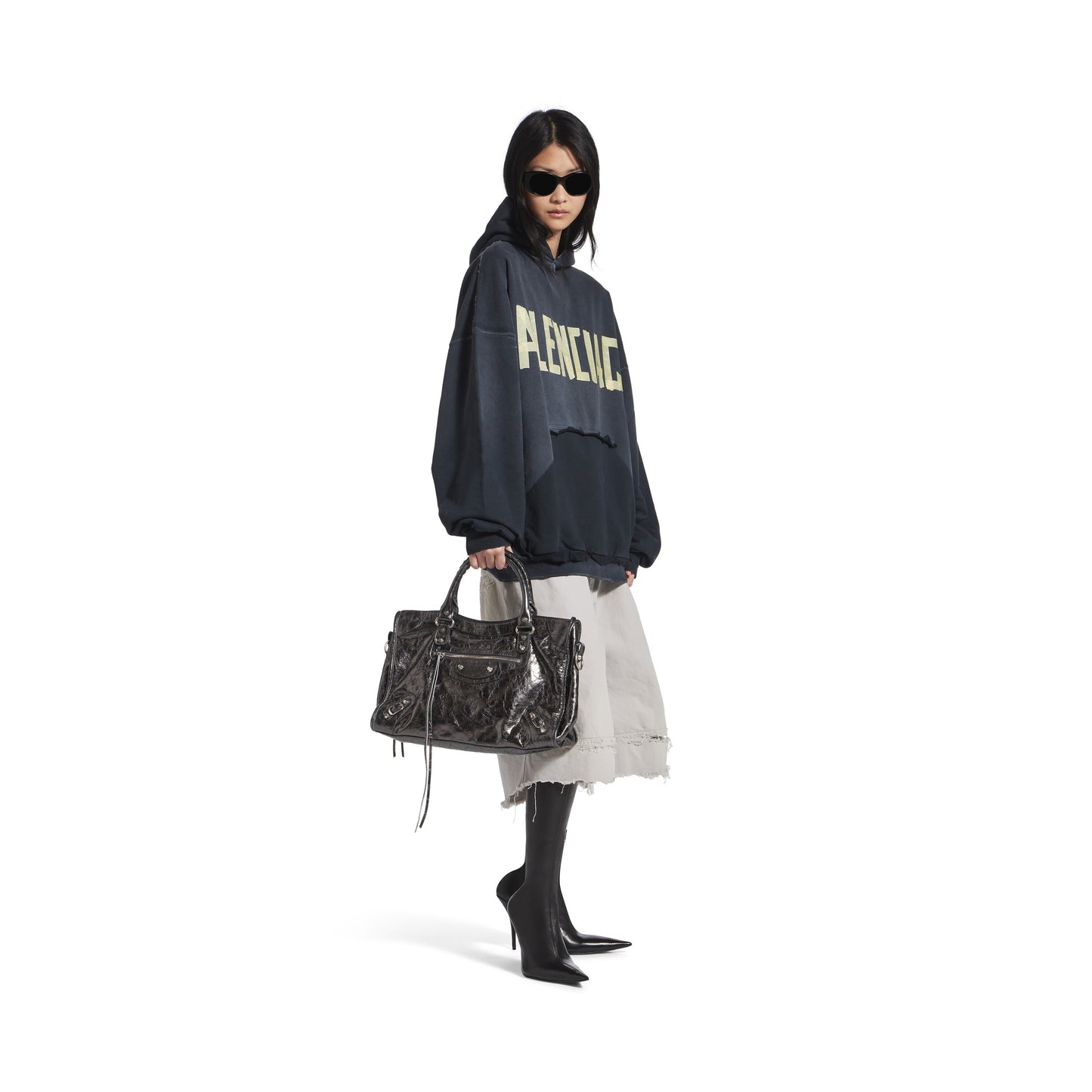 Hoodie Ripped Pocket Tape Type Oversize en Noir Délavé