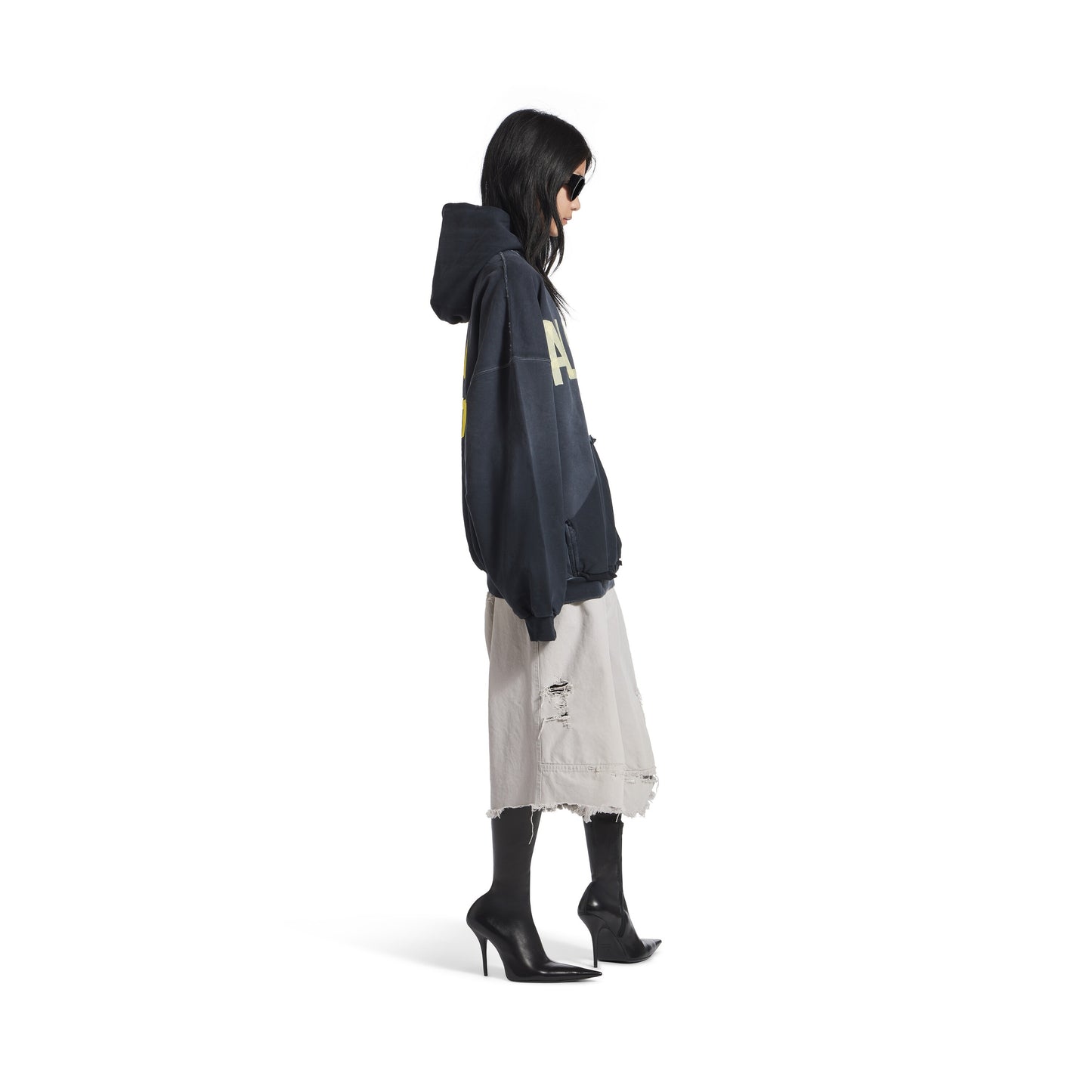 Hoodie Ripped Pocket Tape Type Oversize en Noir Délavé