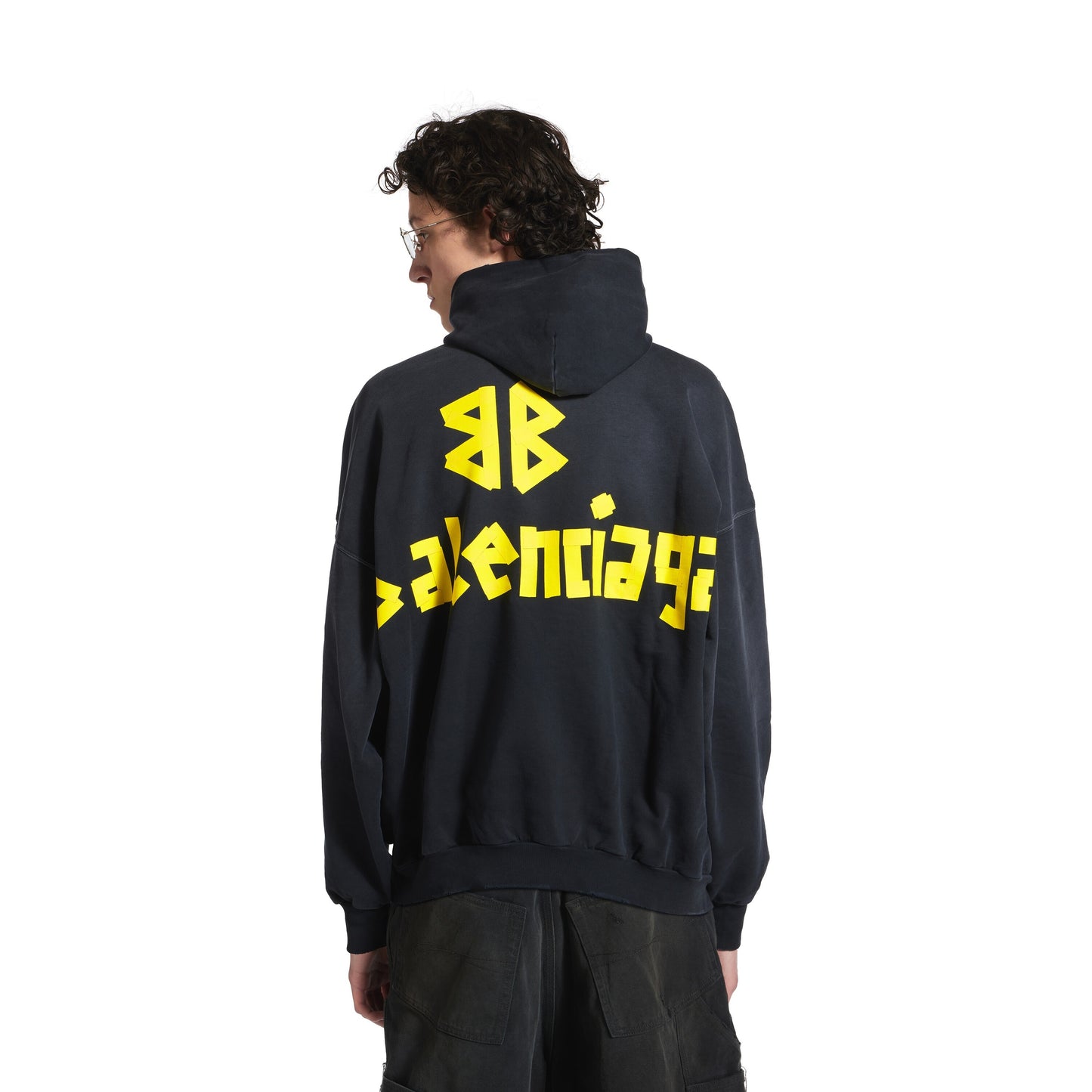 Hoodie Ripped Pocket Tape Type Oversize en Noir Délavé