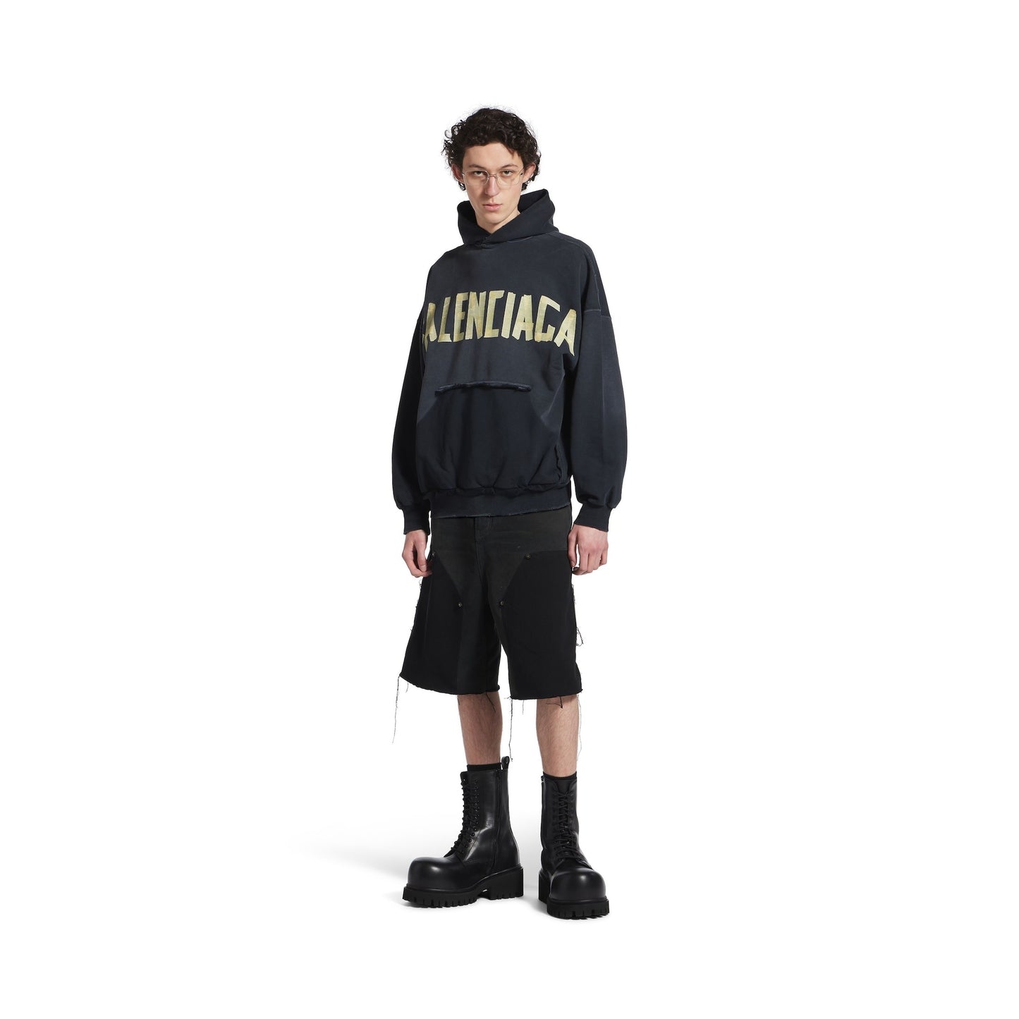 Hoodie Ripped Pocket Tape Type Oversize en Noir Délavé