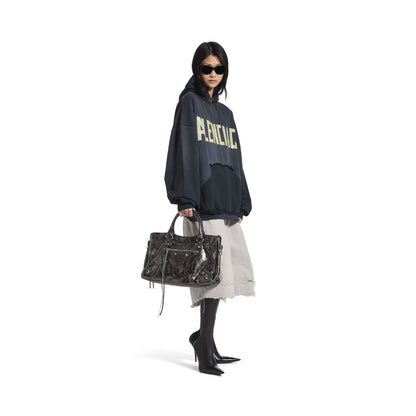 Hoodie Ripped Pocket Tape Type Oversize en Noir Délavé
