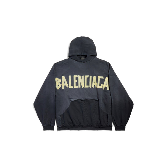 Hoodie Ripped Pocket Tape Type Oversize en Noir Délavé